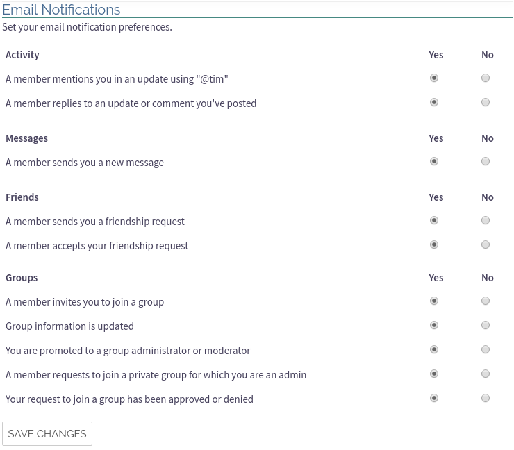 Member Account Settings Email